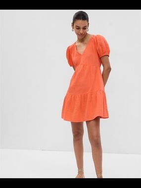 GAP Coral Orange Short Crinkle Gauze Puff-Sleeve Tiered Mini Summer Dress Sz XL